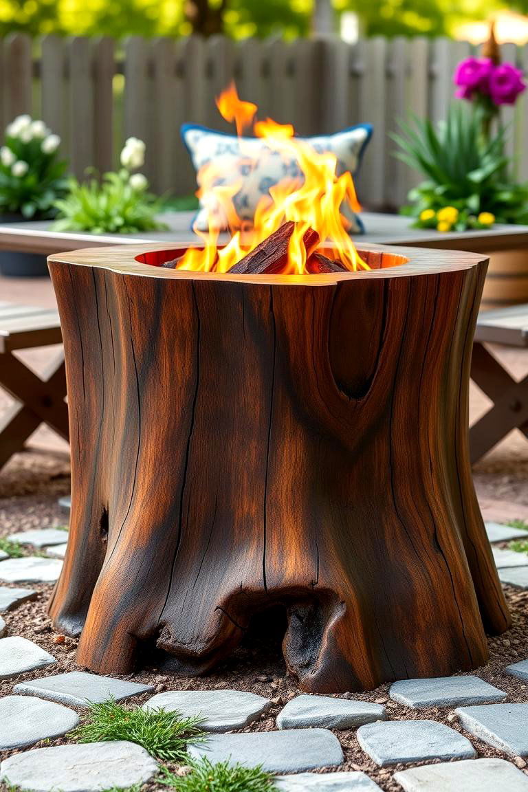 Stained or Painted Tree Stump Fire Pit - 25 Tree Stump Fire Pit Ideas