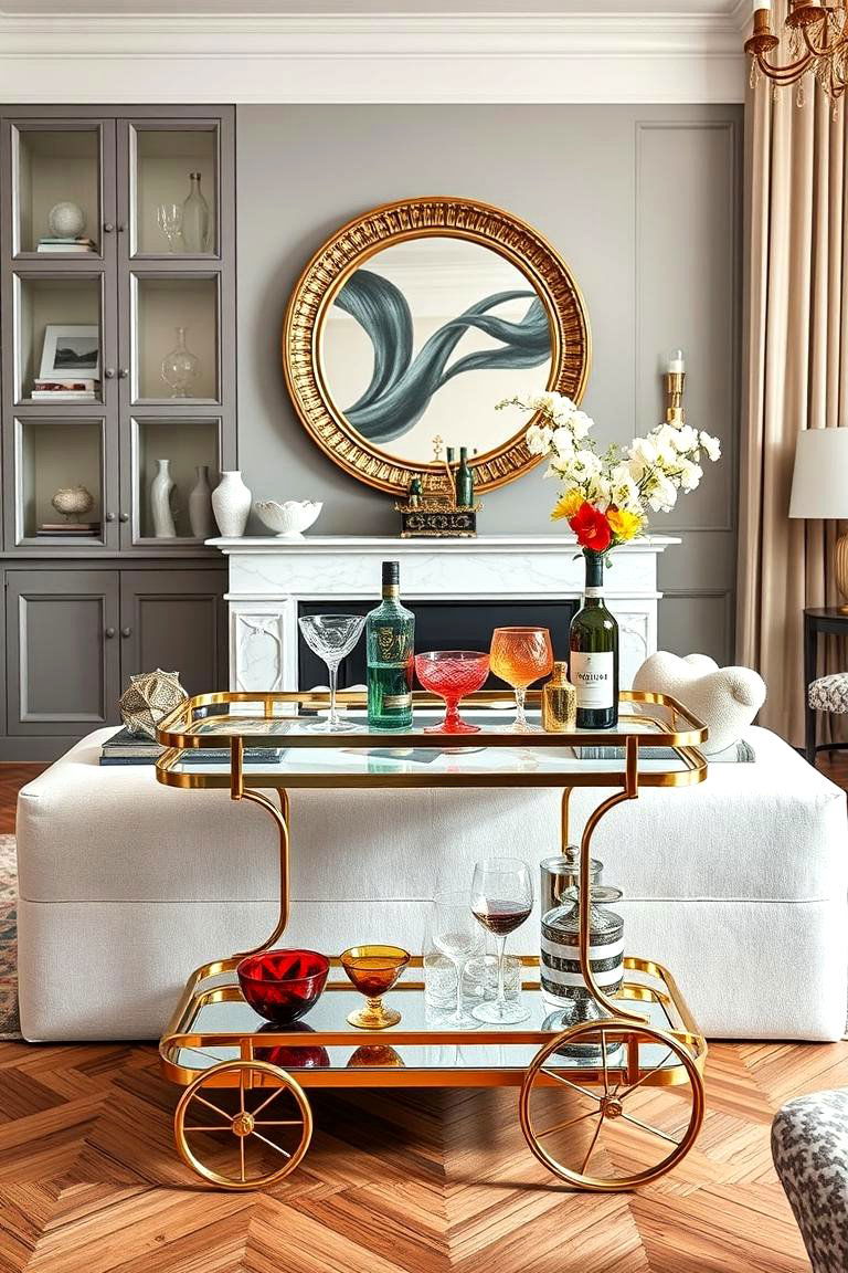 Statement Bar Cart for Entertaining - 25 Mansion Living Room Ideas
