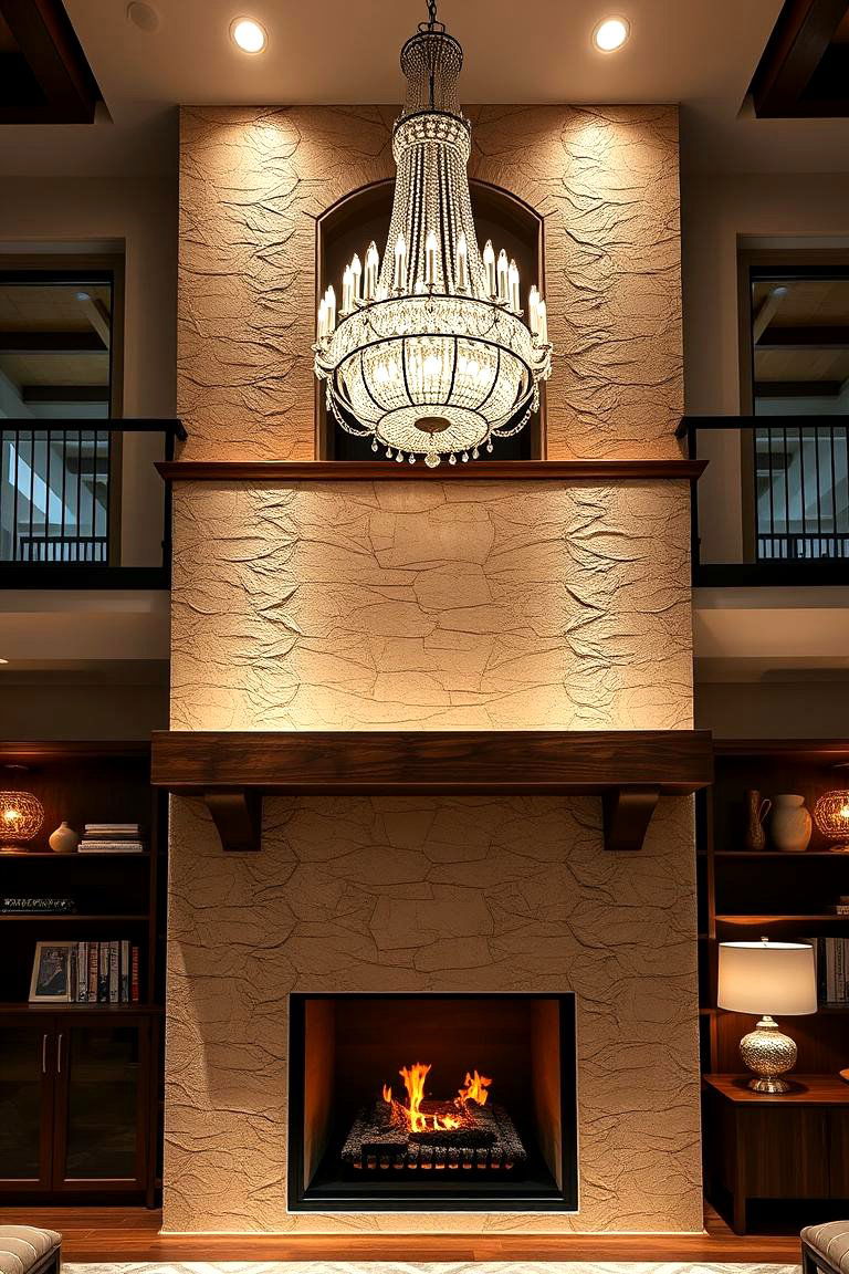 Statement Lighting Integration for Dramatic Effect - 25 Two-story Fireplace Ideas