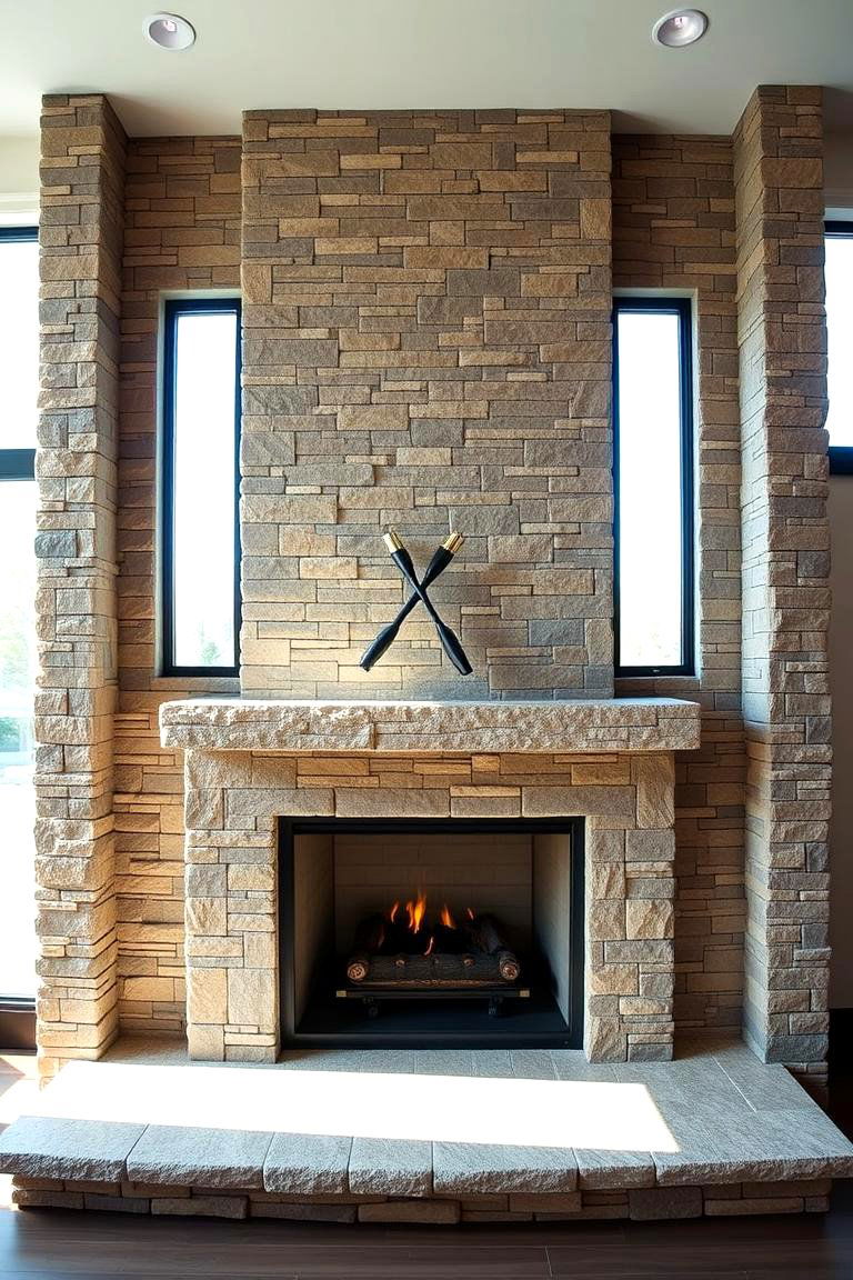 Stone Clad Fireplace with Tall Windows - 25 Fireplace Between Windows Ideas