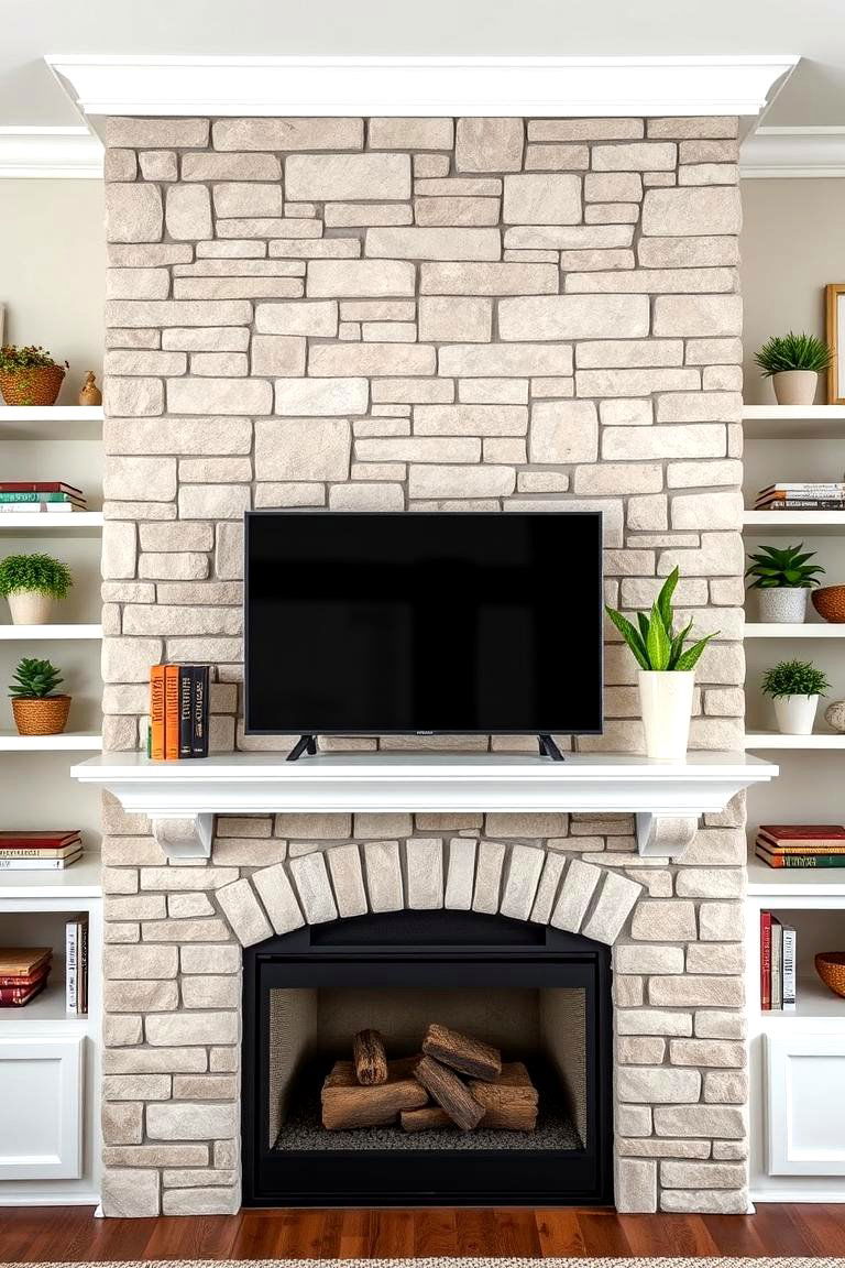 Stone Fireplace with Built in Shelving for Practicality - 25 Floor-to-Ceiling Stone Fireplace Ideas