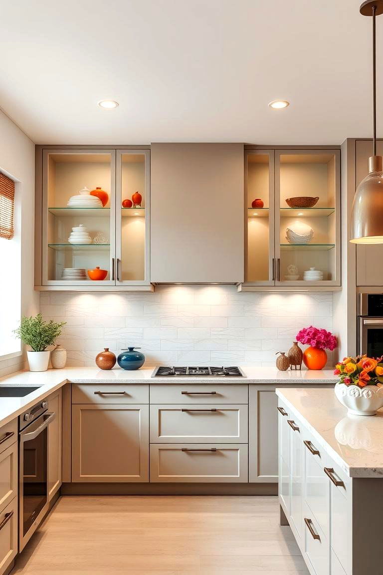 Stylish Glass Accents - 25 Floor to Ceiling Kitchen Cabinets