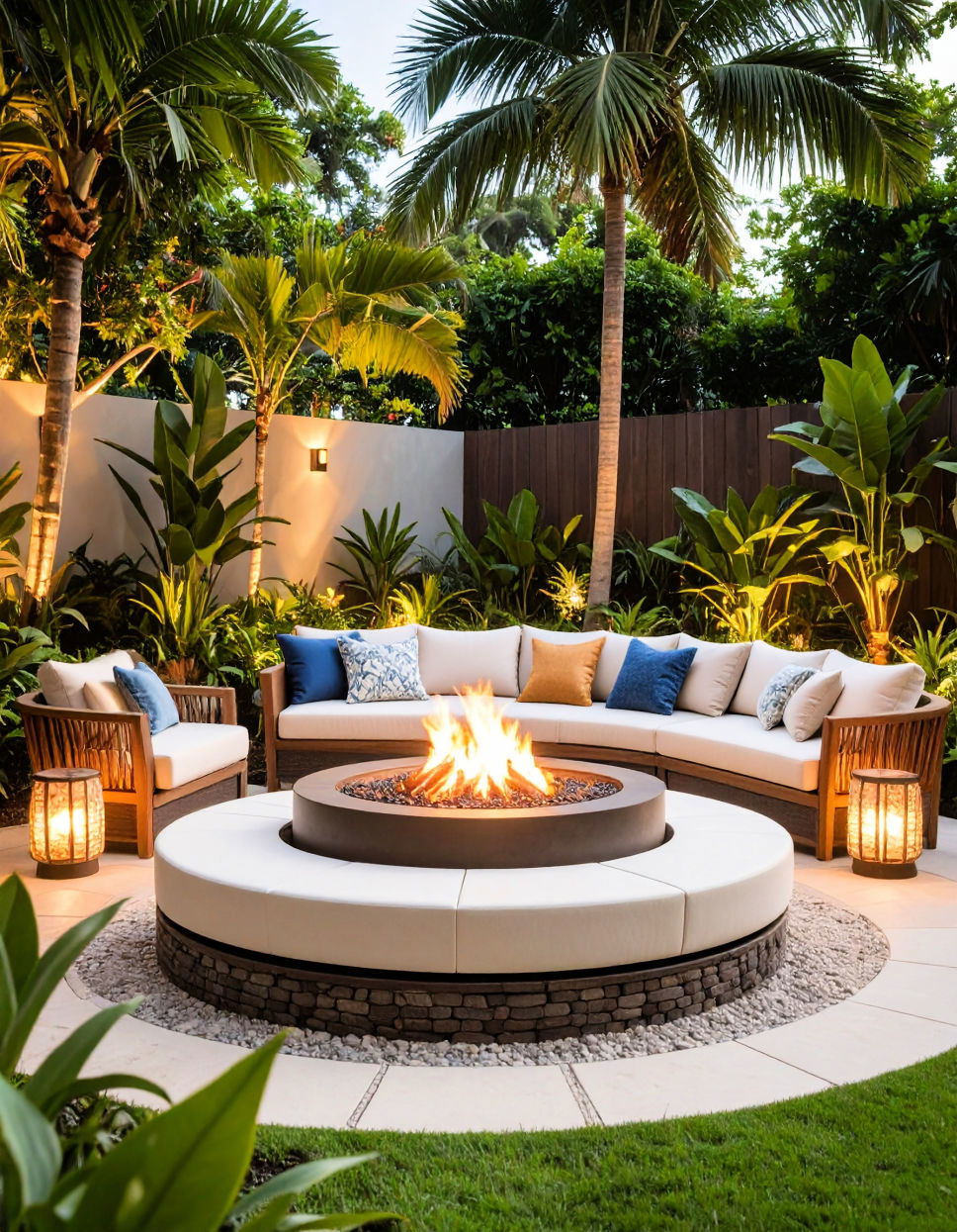 Sunken Fire Pit Lounge Tropical Backyard Ideas