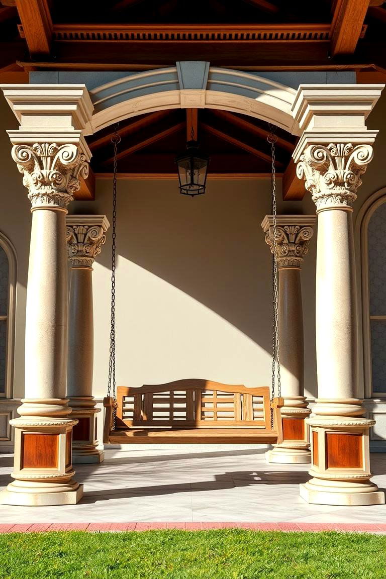 Swing with Decorative Pillars - 25 Front Porch Swing Ideas