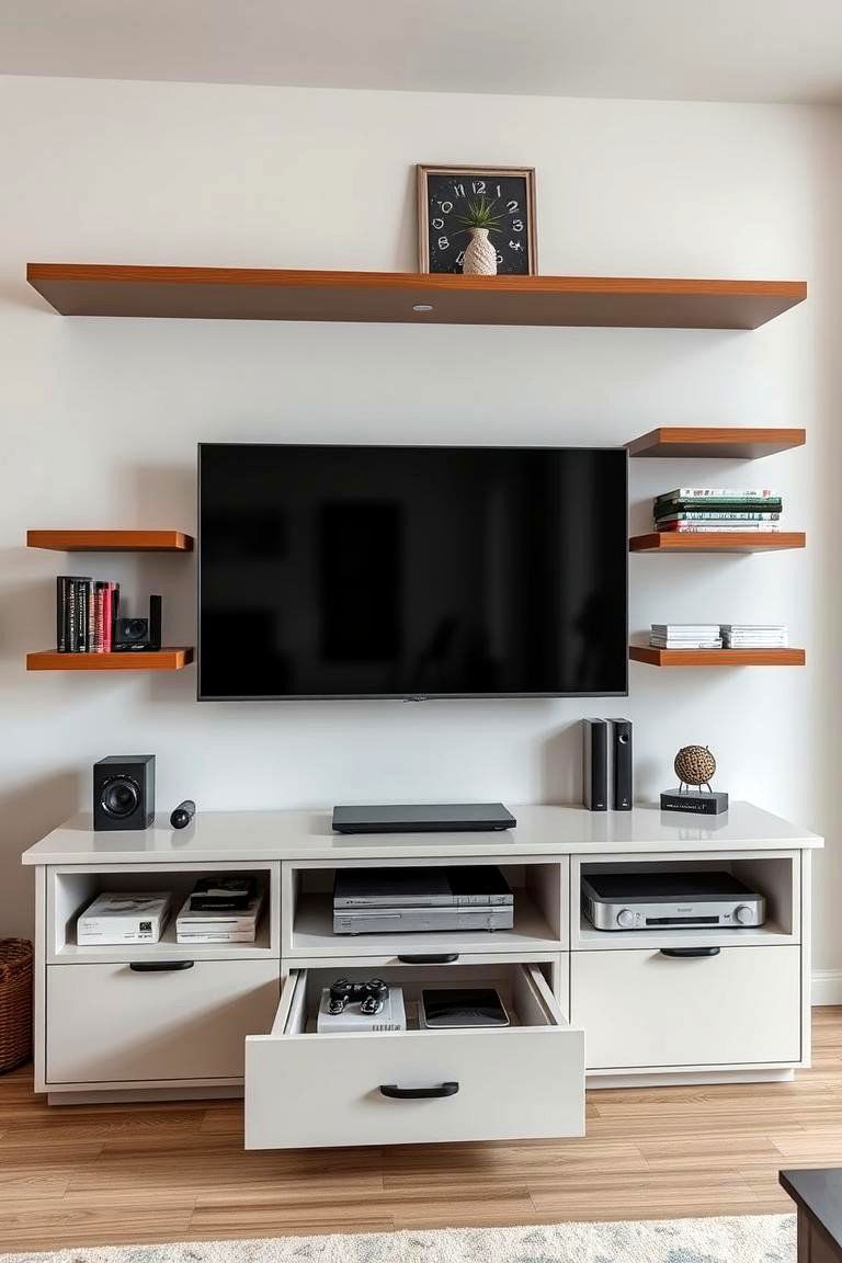 TV Wall with Shelving and Storage Drawers - 25 Tv Wall Ideas