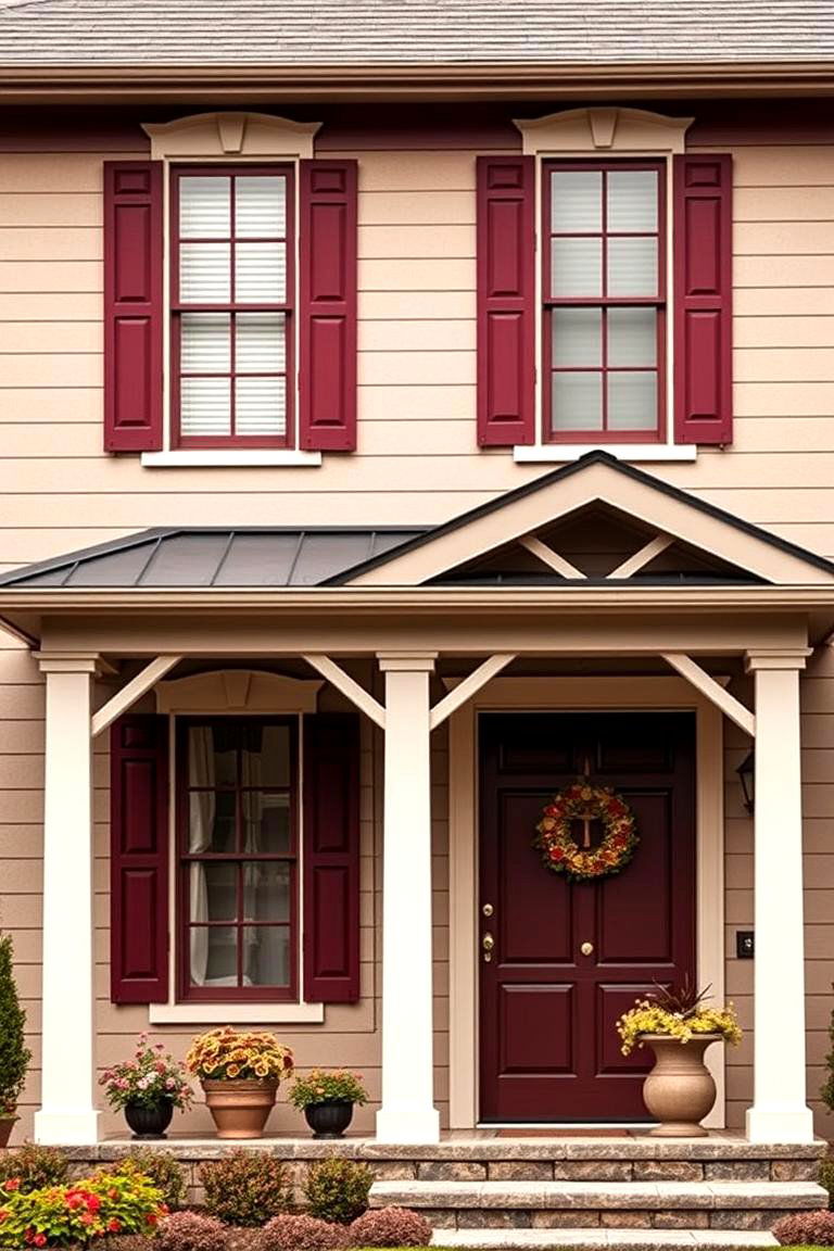 Taupe and Burgundy for a Rich Cozy Feel - 25 Exterior Taupe House Color Combinations