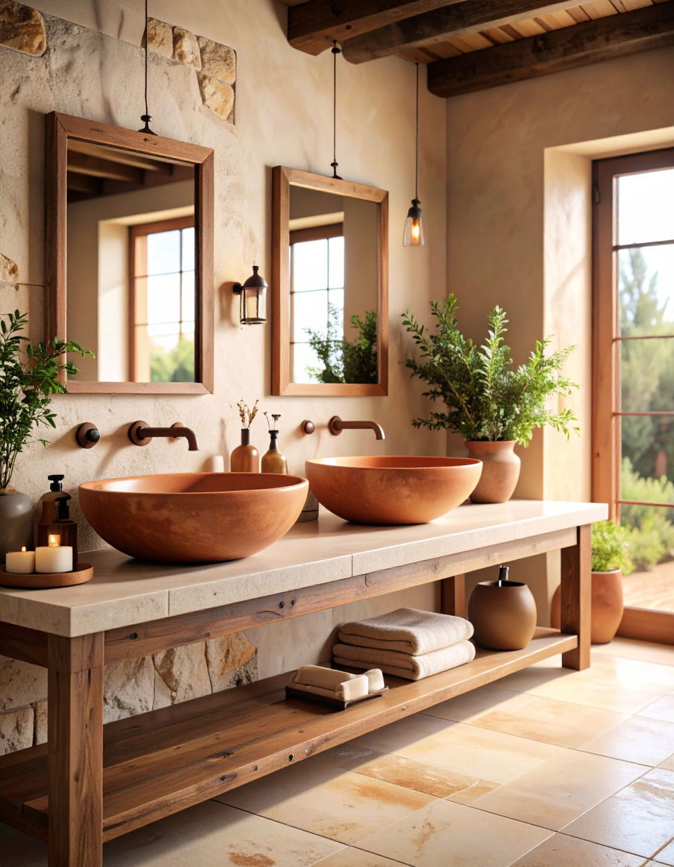 Terracotta Vessel Sinks for Unique Style Tuscan Bathroom Ideas