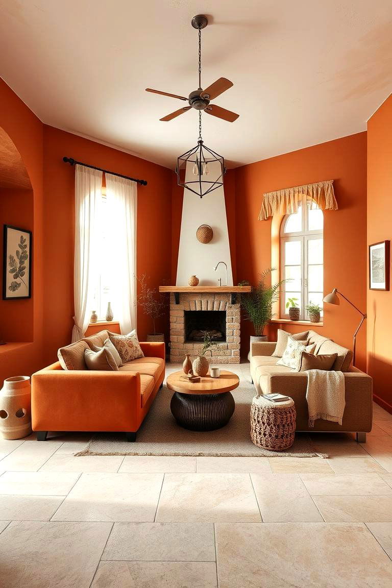 Terracotta Walls with Neutral Stone Floors - 25 Floor and Wall Color Ideas