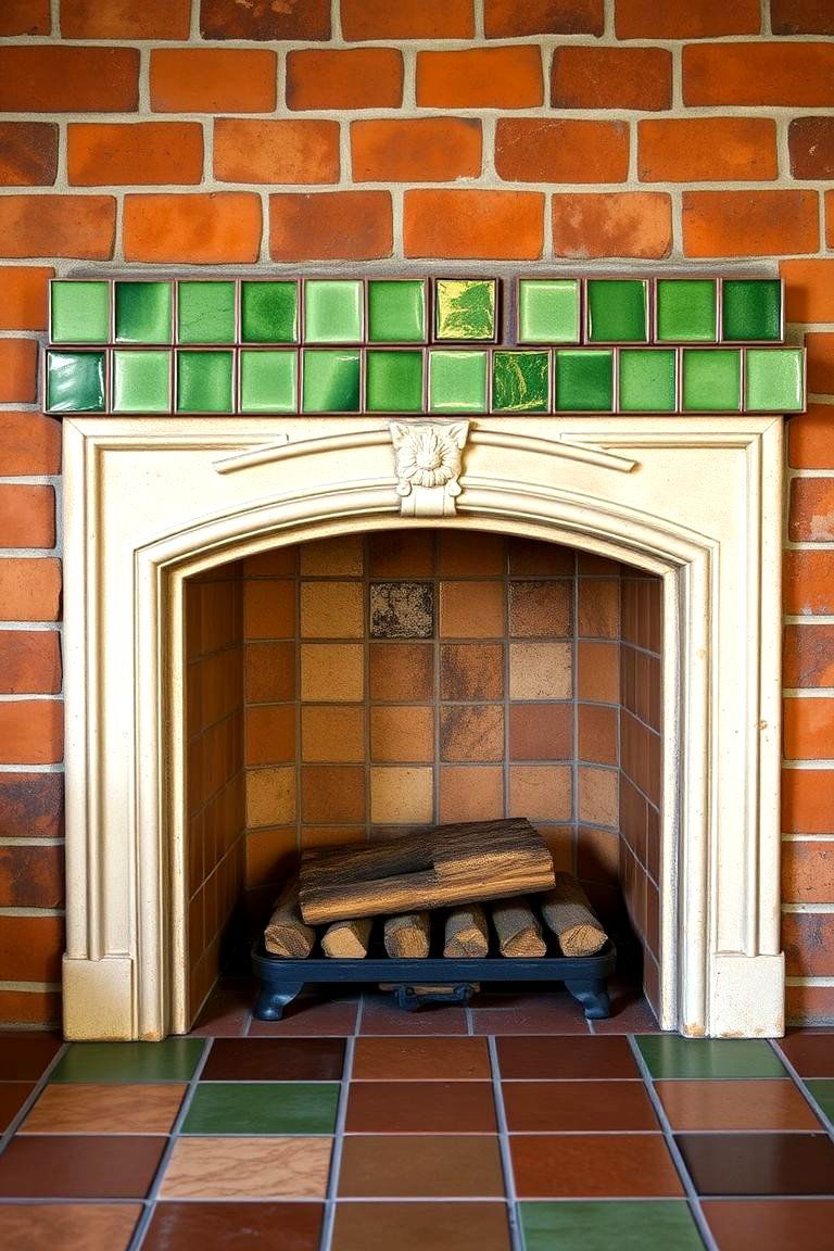 Terracotta and Green Glazed Hearth Tiles - 25 Green Fireplace Ideas