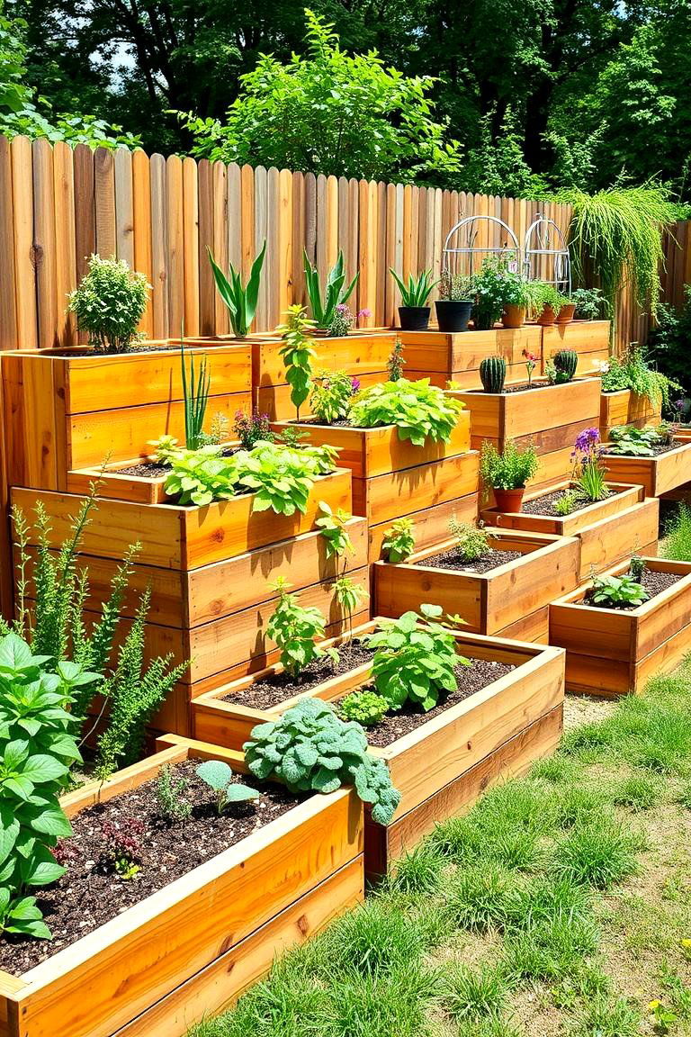 Tiered Wooden Beds for a Cascading Look - 25 Raised Garden Bed Along Fence Ideas