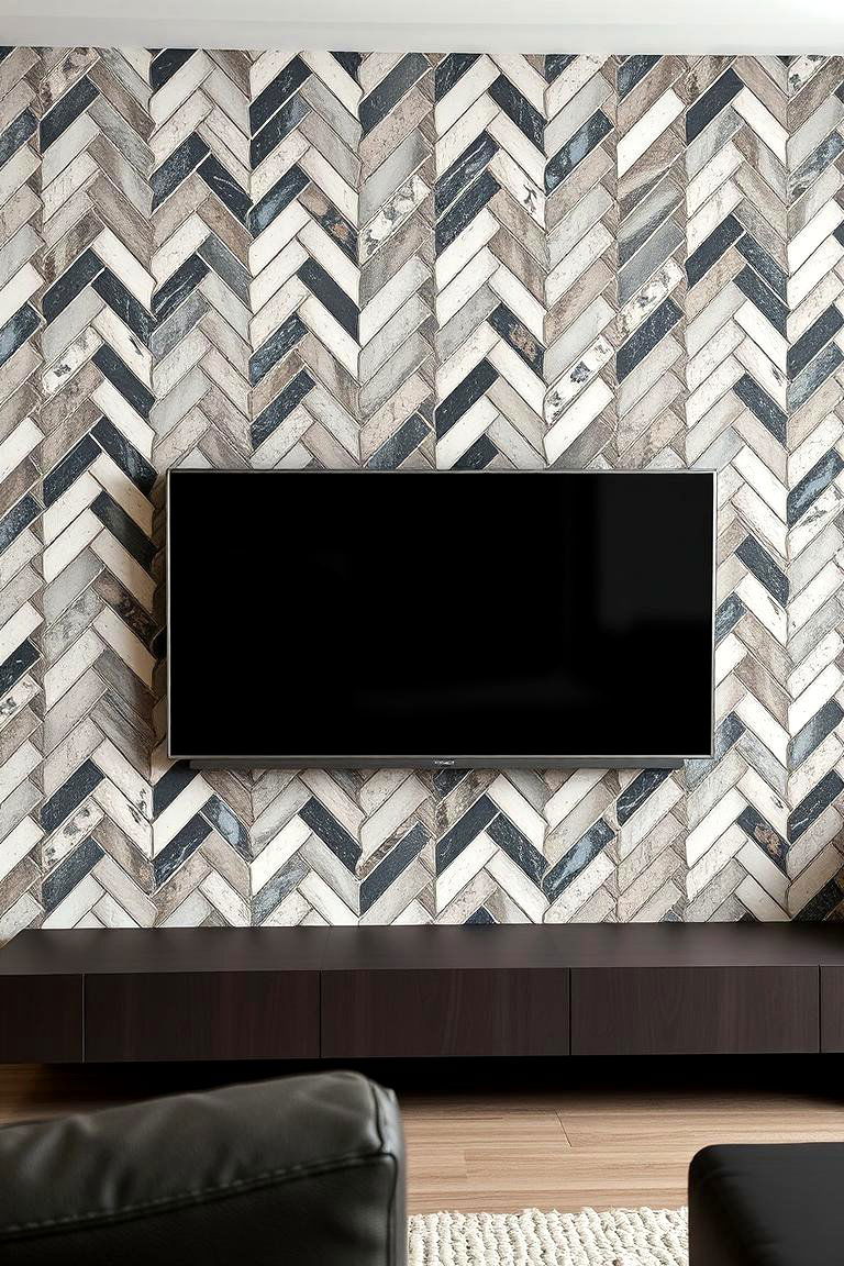 Tile in a Herringbone Pattern for Dynamic Texture - 25 Tv Accent Wall Ideas