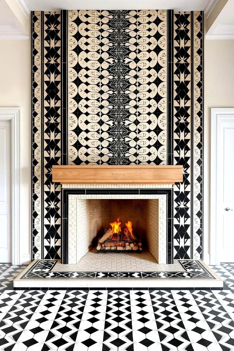 Tiled Fireplace with Geometric Patterns - 25 Floor to Ceiling Fireplace Ideas