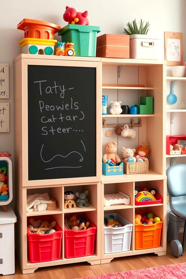 Toy Storage with a Chalkboard - 25 Toy Storage Ideas