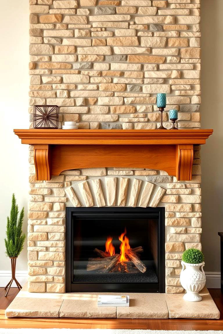 Traditional Faux Stone Fireplace with Mantel - 25 Faux Stone Fireplace Ideas