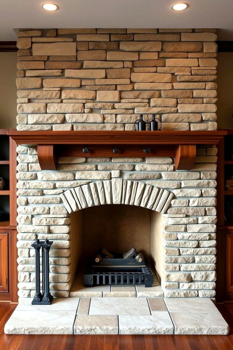 Traditional Stone Look Faux Fireplace with Brick Detailing - 25 Faux Stone Fireplace Ideas