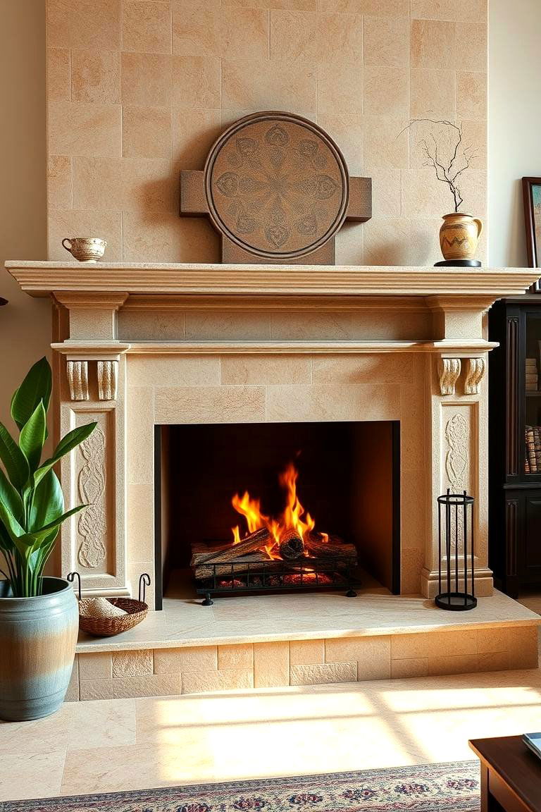 Travertine Hearth for a Mediterranean Vibe - 25 Fireplace Hearth Ideas