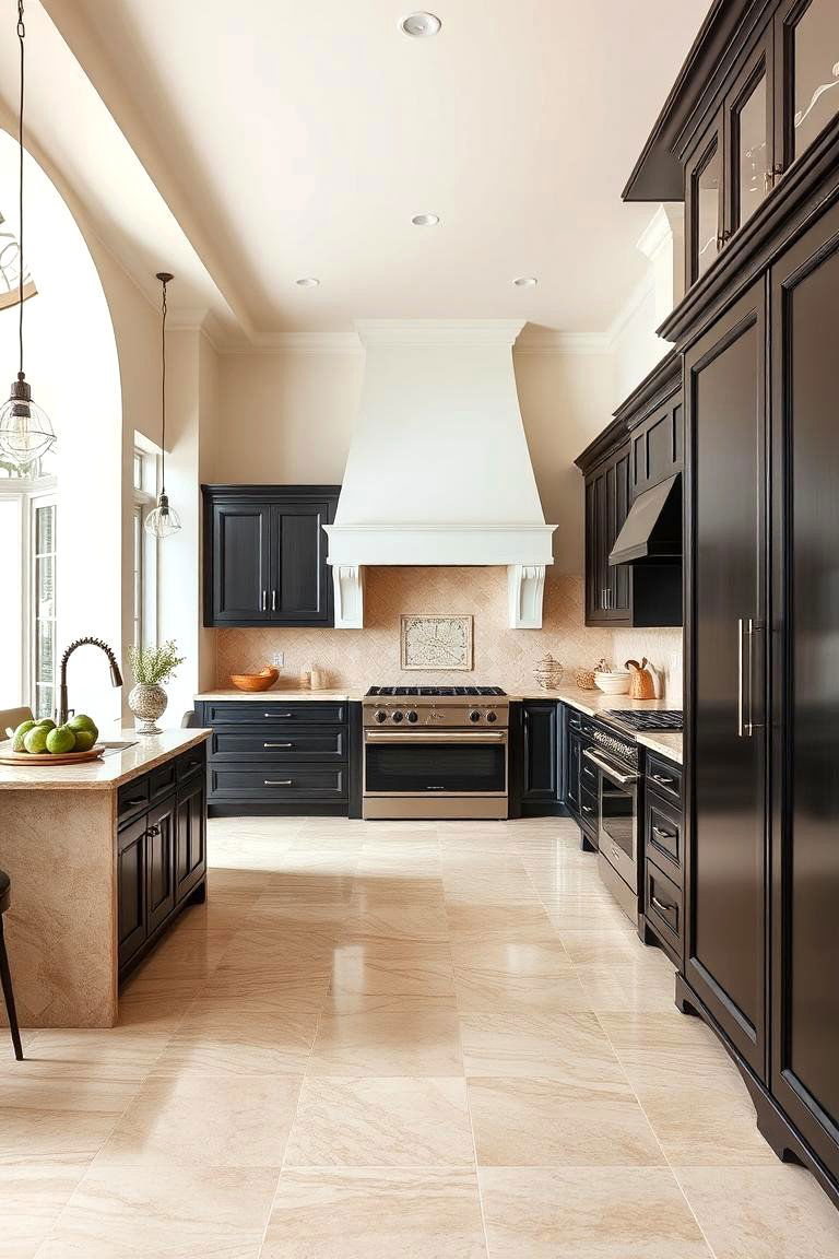 Travertine with Dark Cabinetry - 25 Travertine Floor Kitchen Ideas