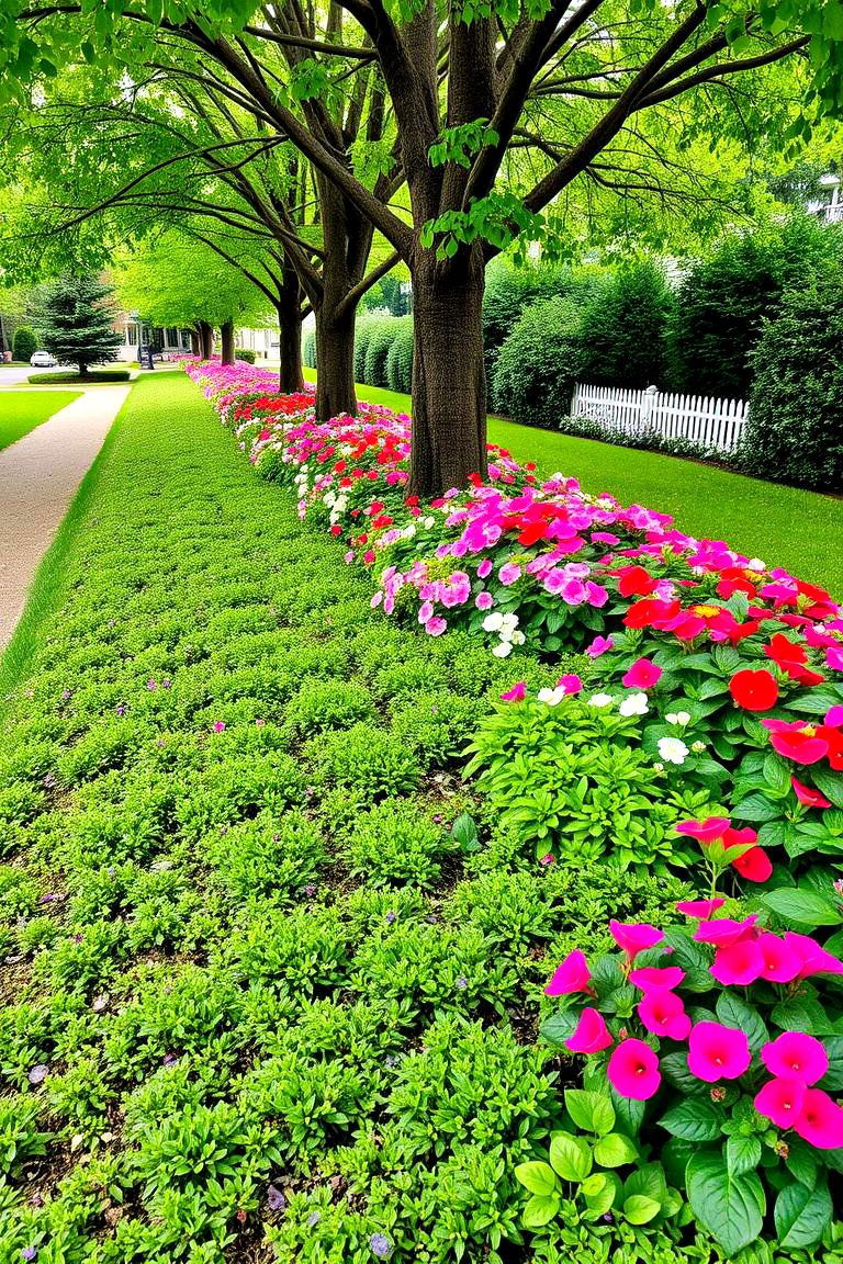 Tree Lined Flower Bed with Ground Cover - 25 Front Yard Texas Flower Bed Ideas