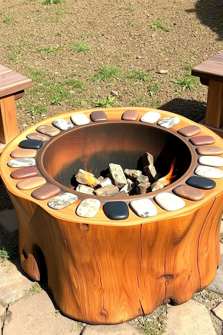 Tree Stump Fire Pit with Stone Inlay - 25 Tree Stump Fire Pit Ideas