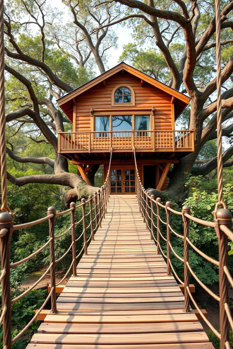 Treehouse with a Swinging Bridge - 25 Tree House Ideas