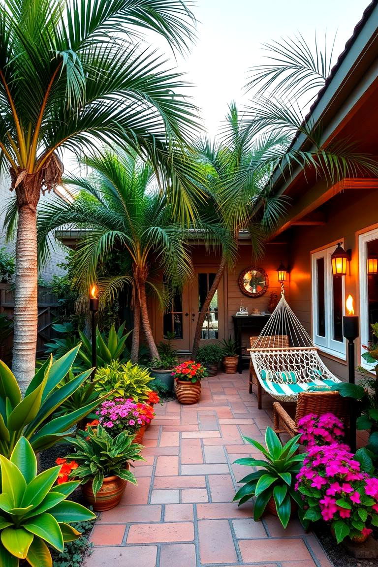 Tropical Vibes with Palms and Tiki Torches - 25 Front Yard Patio Ideas