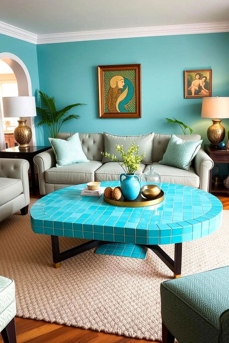 Turquoise Tiled Coffee Table - 25 Turquoise Living Room Ideas