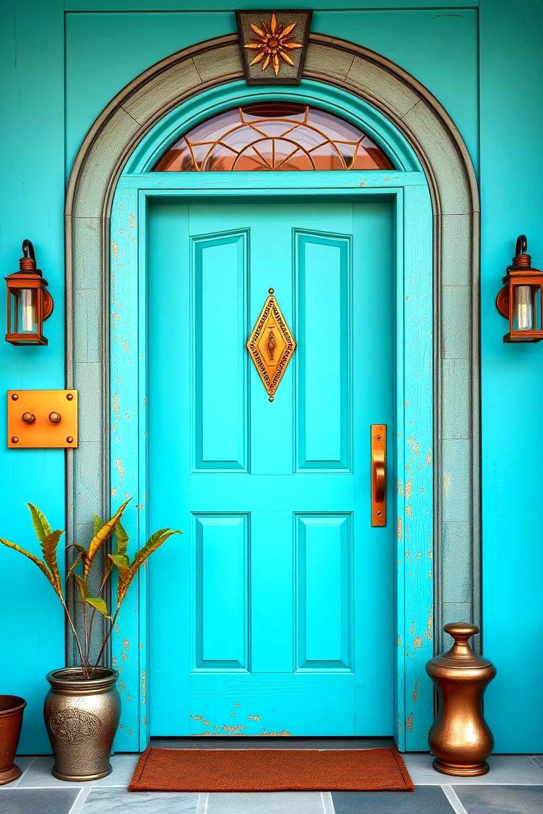 Turquoise and Copper Accents - 25 Turquoise Front Door Ideas