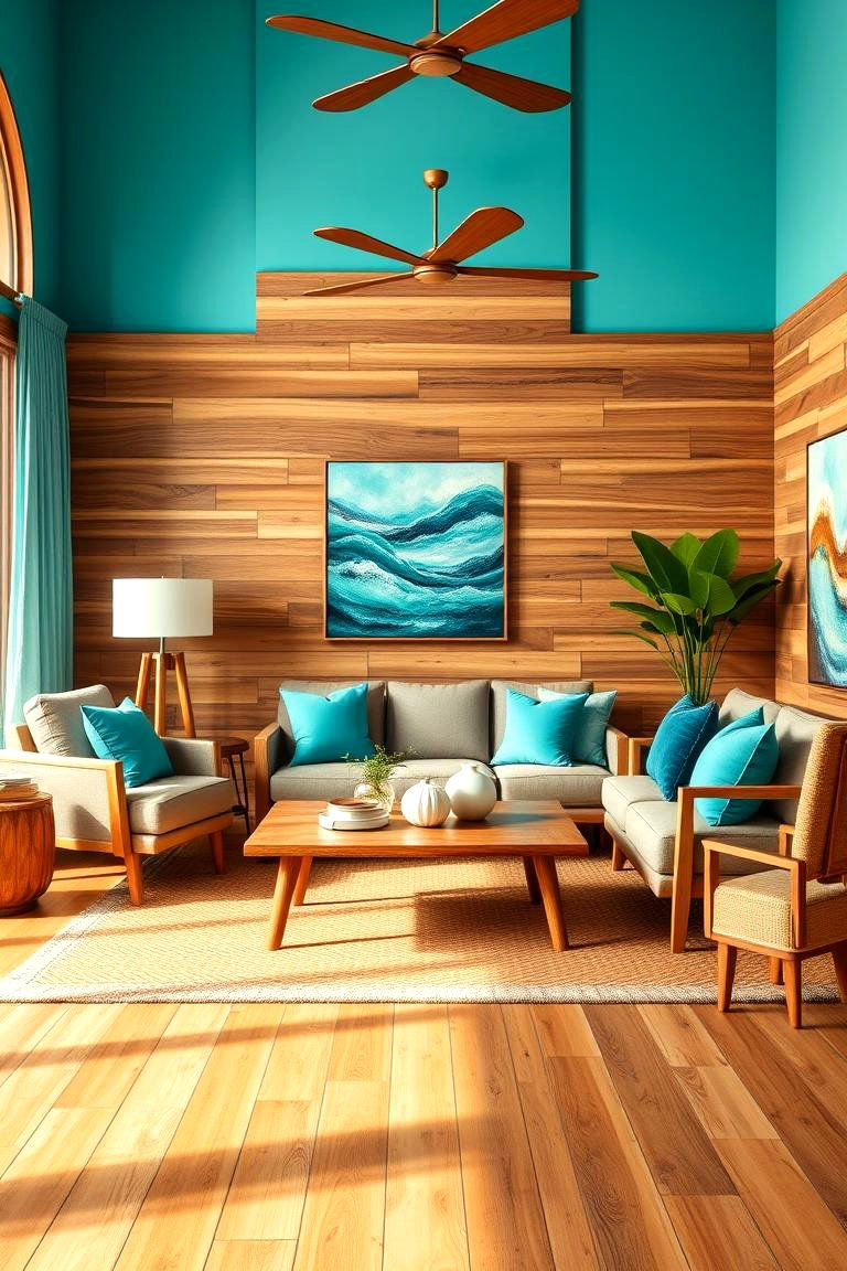 Turquoise and Wood for Warmth - 25 Turquoise Living Room Ideas