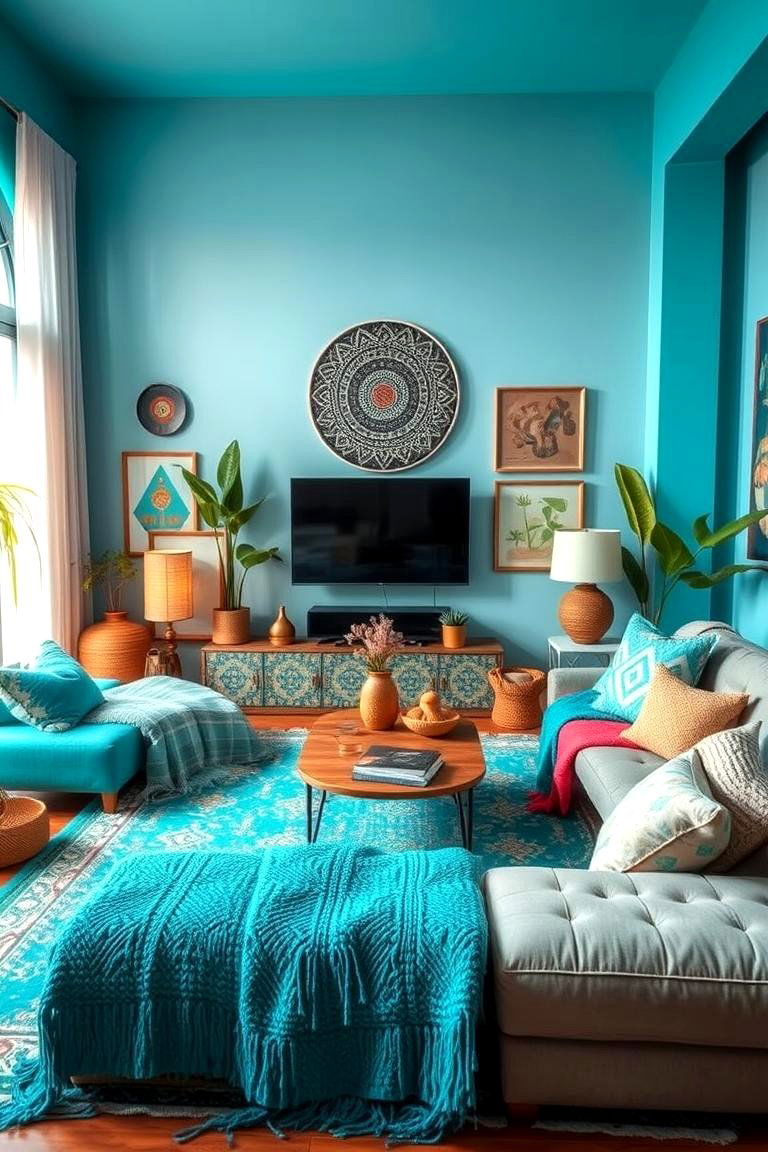 Turquoise in a Bohemian Living Room - 25 Turquoise Living Room Ideas