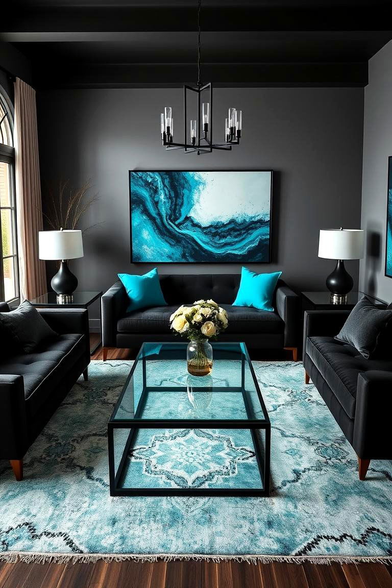 Turquoise with Black for Contrast - 25 Turquoise Living Room Ideas