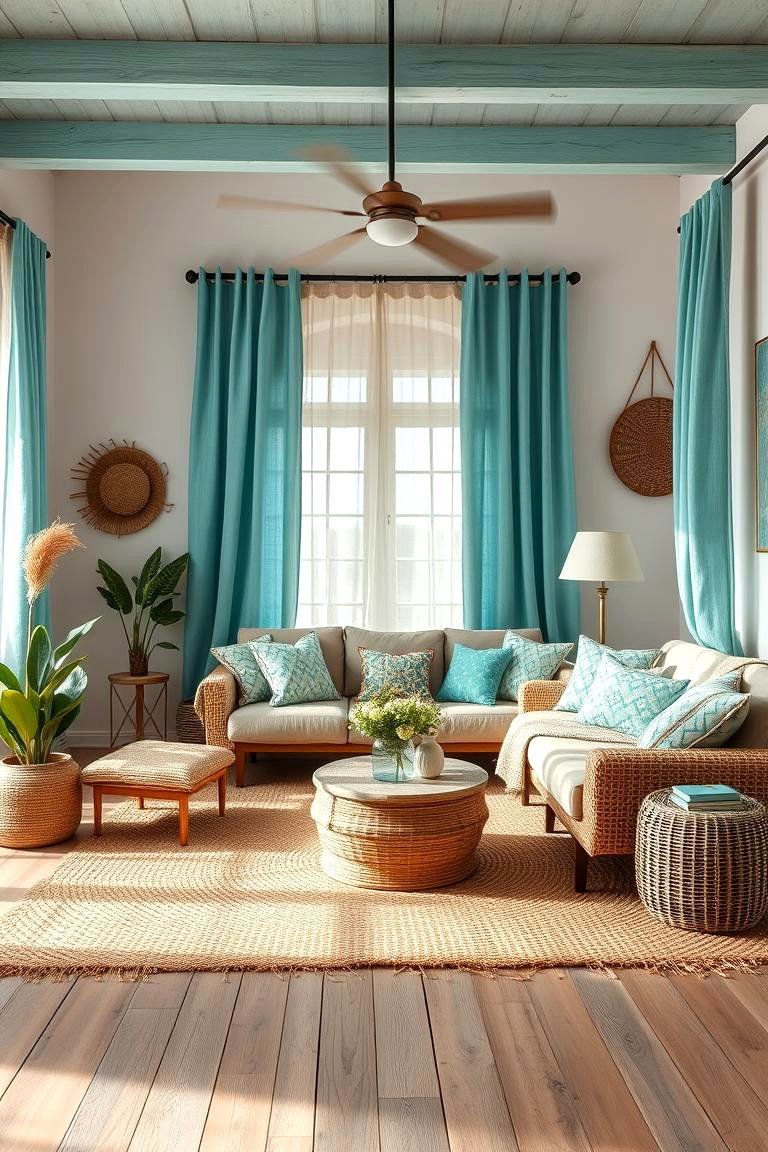 Turquoise with Natural Fabrics - 25 Turquoise Living Room Ideas
