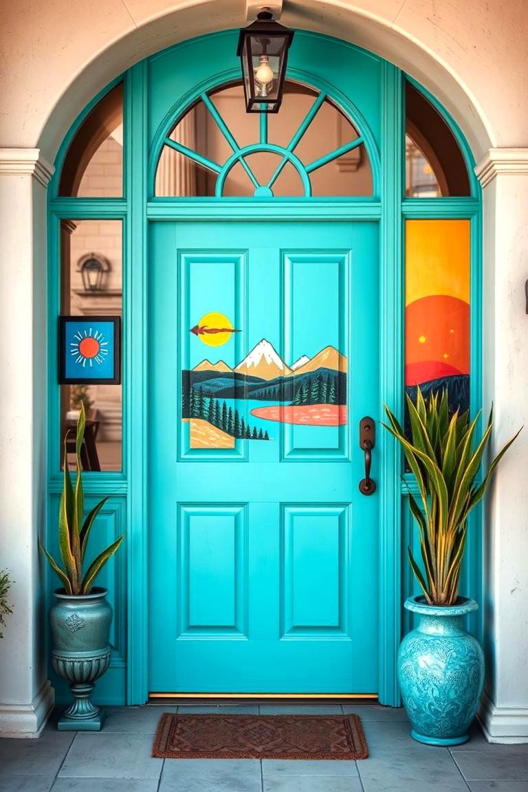 Turquoise with Painted Artwork - 25 Turquoise Front Door Ideas