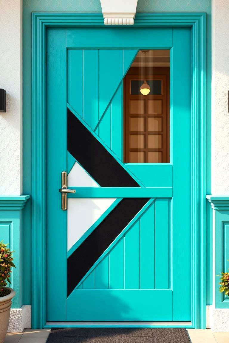 Turquoise with a Geometric Design - 25 Turquoise Front Door Ideas