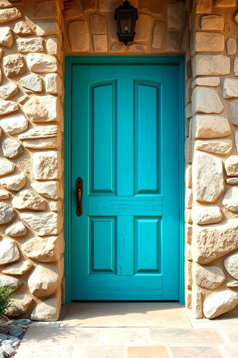 Turquoise with a Natural Stone Frame - 25 Turquoise Front Door Ideas