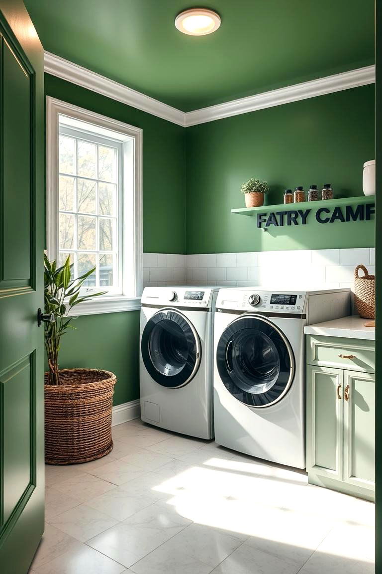 Two Tone Green Walls for Depth - 25 Green Laundry Room Ideas