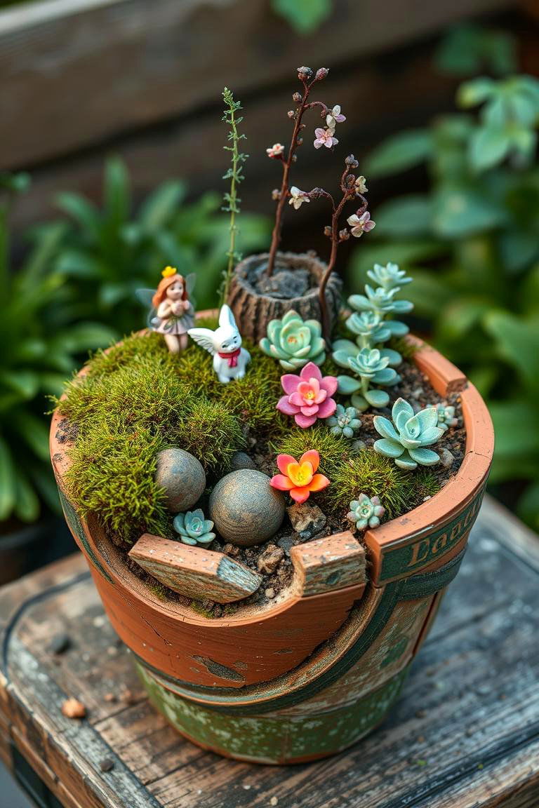 Upcycled Fairy Garden in a Broken Pot - 25 Fairy Garden Container Ideas