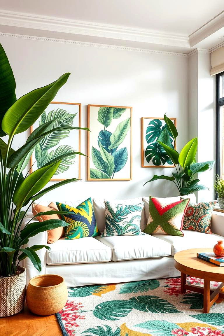 Urban Jungle with Bold Prints - 25 White Couch Living Room Ideas