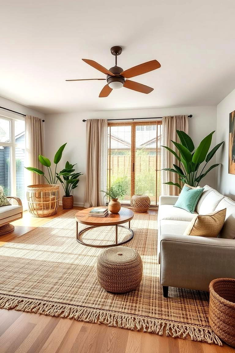 Use Bamboo or Jute Rugs - 25 Tropical Living Room Ideas