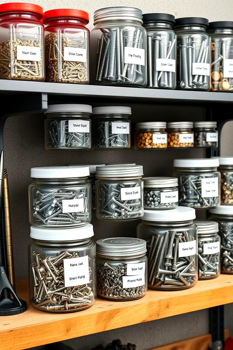 Use Clear Storage Jars for Small Parts - 25 Garage Storage Ideas