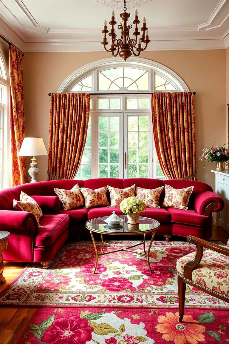 Use Floral Patterns for Playful Elegance - 25 Burgundy Sofa Living Room Ideas