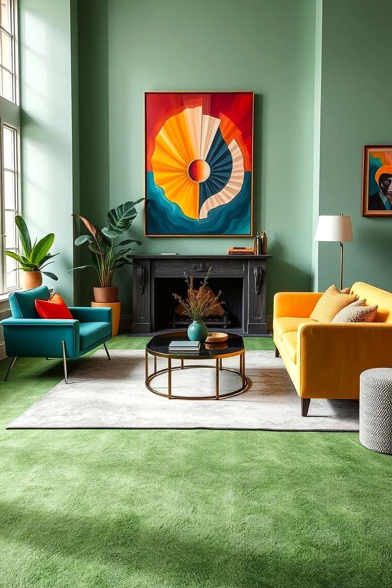 Use Green as a Backdrop for Art and Accents - 25 Green Carpet Living Room Ideas