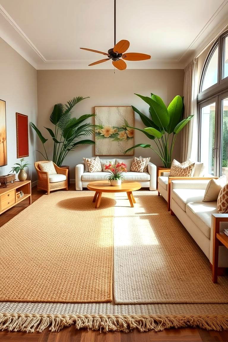 Use Large Overlapping Area Rugs - 25 Tropical Living Room Ideas