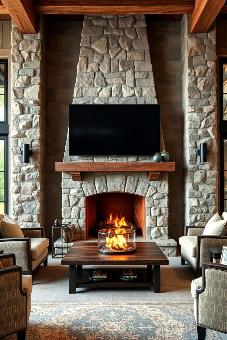 Use Natural Stone Surrounding the TV - 25 Tv Over Fireplace Ideas