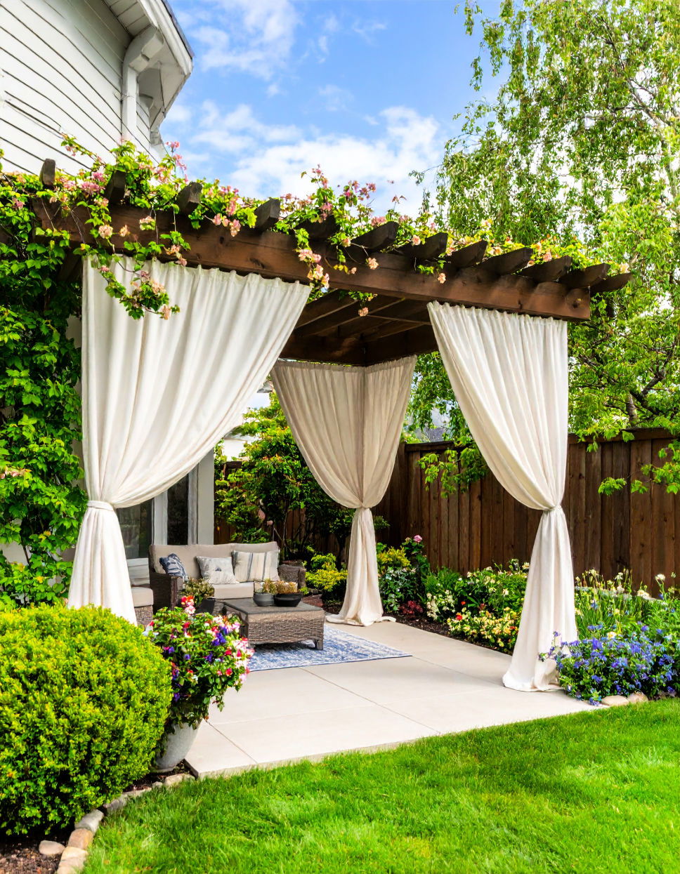 Use Outdoor Curtains for Privacy and Shade Townhouse Backyard Ideas