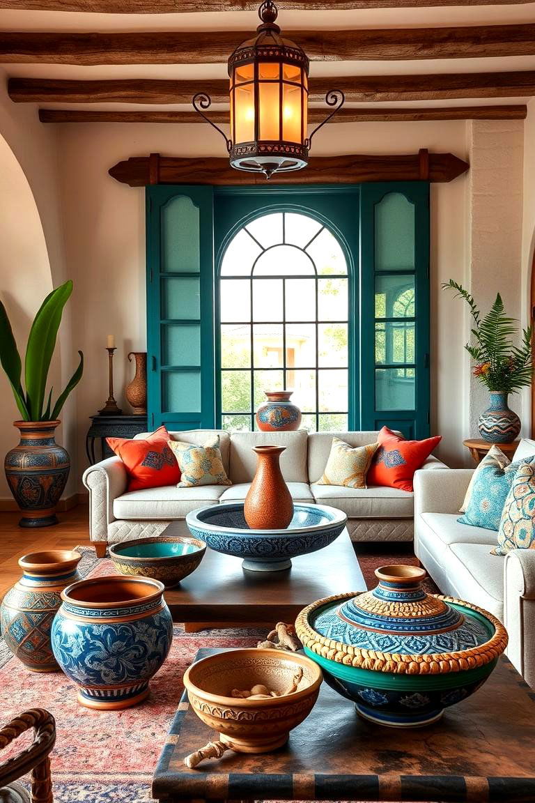 Use Spanish Inspired Ceramic Pottery - 25 Spanish Style Living Room Ideas