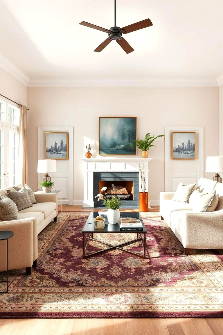 Use Statement Rugs to Anchor the Room - 25 Transitional Interior Design Ideas