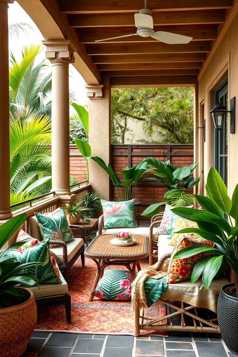 Use Tropical Inspired Textiles - 25 Tropical Patio Ideas