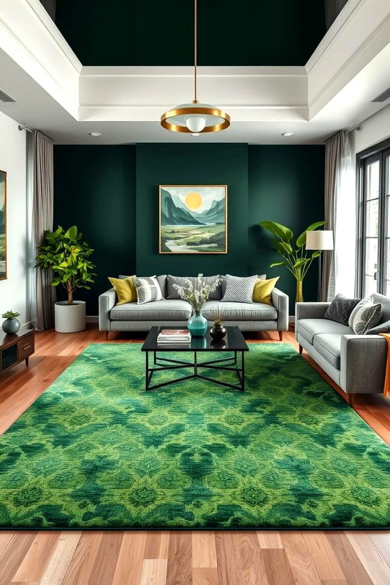 Use a Statement Green Rug - 25 Forest Green Living Room Ideas