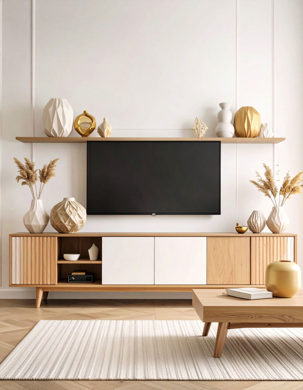 Using Geometric Patterns for Modern Visual Interest Tv Console Decor Ideas