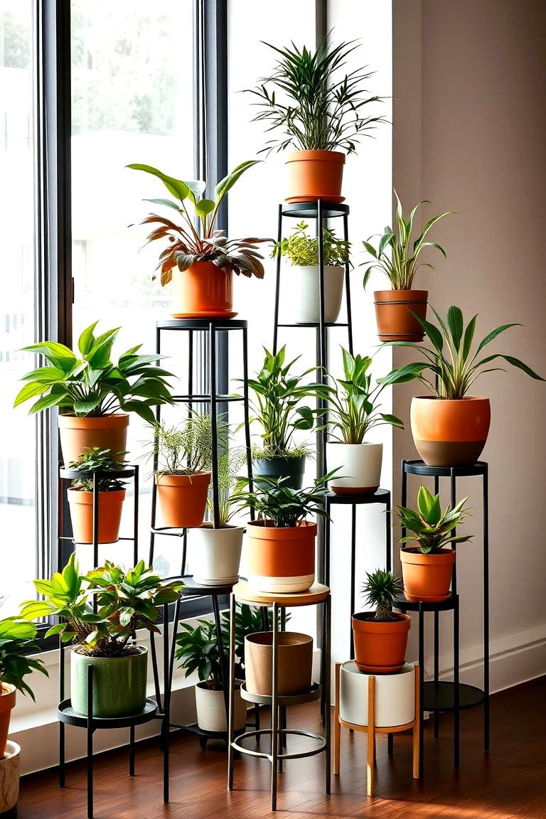 Using Plant Stands for Tiered Displays - 25 Potted Plant Arrangement Ideas